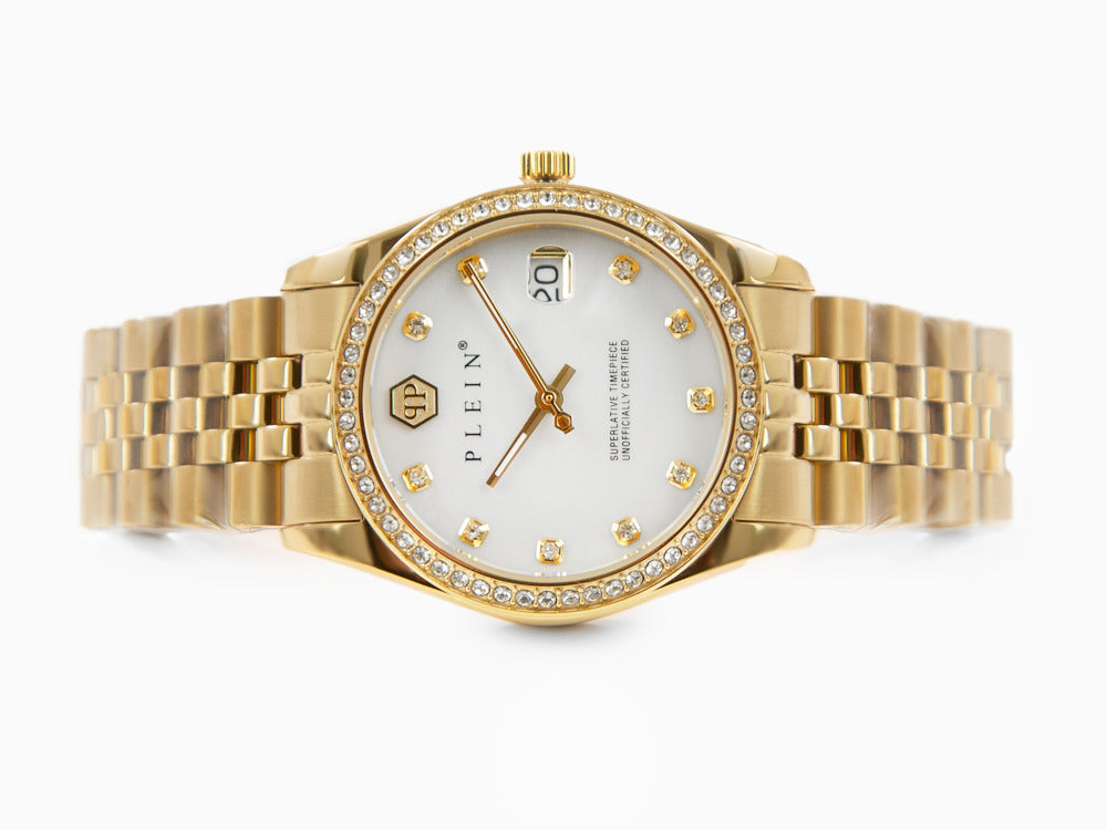 Philipp Plein Date Superlative Quartz Watch, PVD Gold, White, 34 mm, PWYAA0323