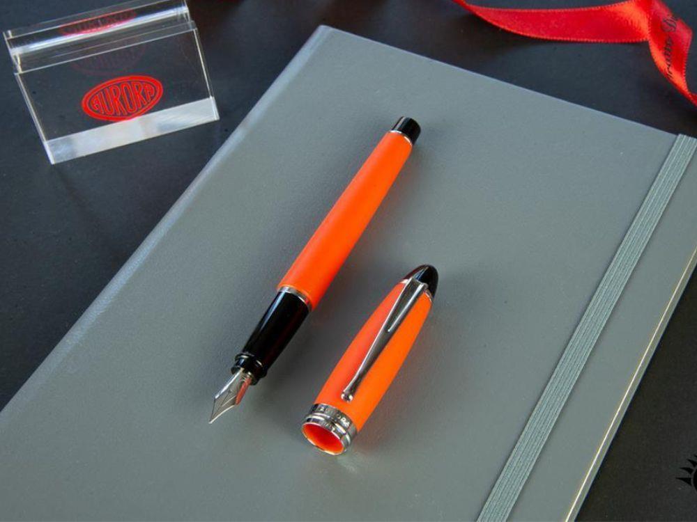 Aurora Fountain Pen Ipsilon Satin  - Orange Resin and Chrome - B10O