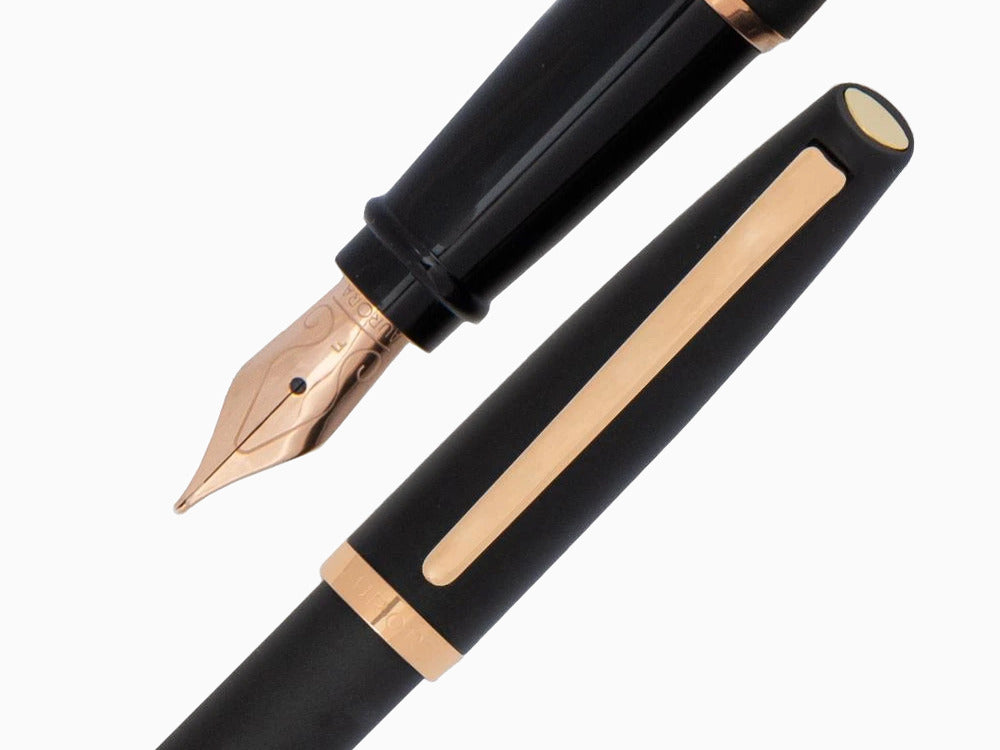 Aurora Style Fountain Pen, Black Resin, Rose gold trim, E20PN