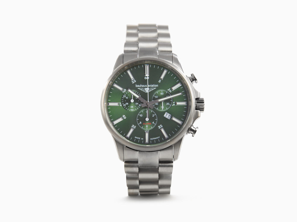 Bauhaus Aviation Quartz Watch, Titanium, Green, 42 mm, Chronograph, Day, 2880M-4