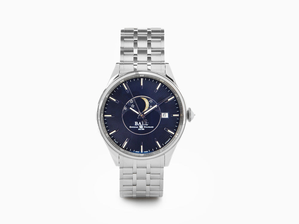 Ball Trainmaster Moon Phase Automatic Watch, Ball RR1801, Blue, Steel bracelet