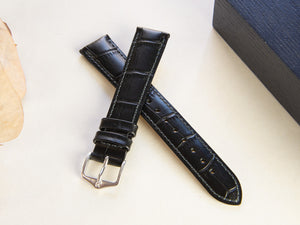 Hirsch Exotic embossed leather Strap, Leather, Black, 18 mm, 01028050-2-18