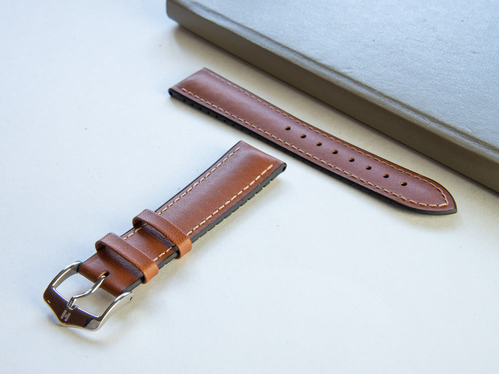 Hirsch Heavy Calf Calfskin Strap, Brown, White, 22 mm, Buckle, 01475010-2-22