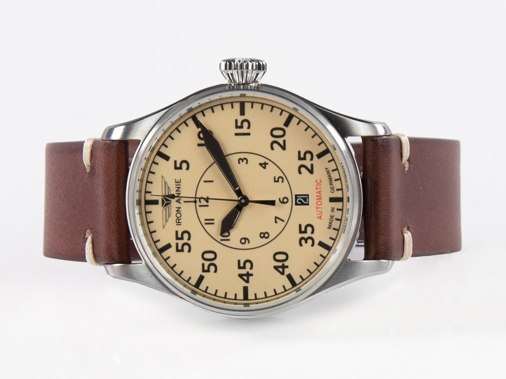 Iron Annie Cockpit Automatic Watch Beige 42 mm Leather strap Day Iguana Sell UK