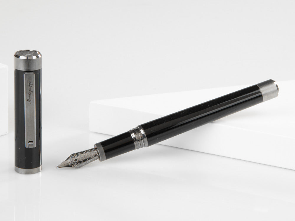 Montegrappa Zero Fountain Pen, Black Resin, Steel, Ruthenium, ISZET-BL