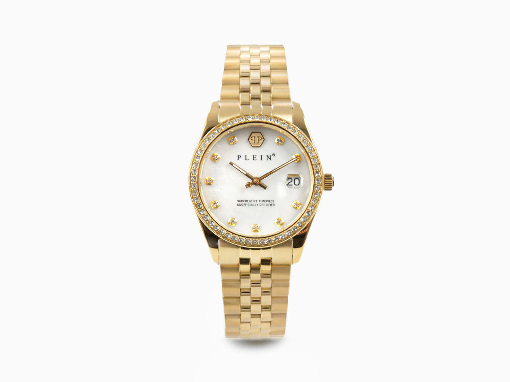 Philipp Plein Date Superlative Quartz Watch, PVD Gold, White, 34 mm, PWYAA0323