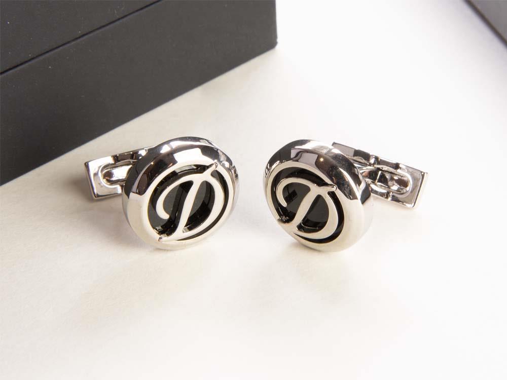 S.T. Dupont Round Cufflinks, Steel, Lacquer, Stainless Steel, Silver, 005585