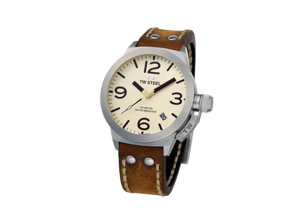 TW Steel Classic Canteen Quartz Watch Beige 45 mm Leather 10 atm CS100