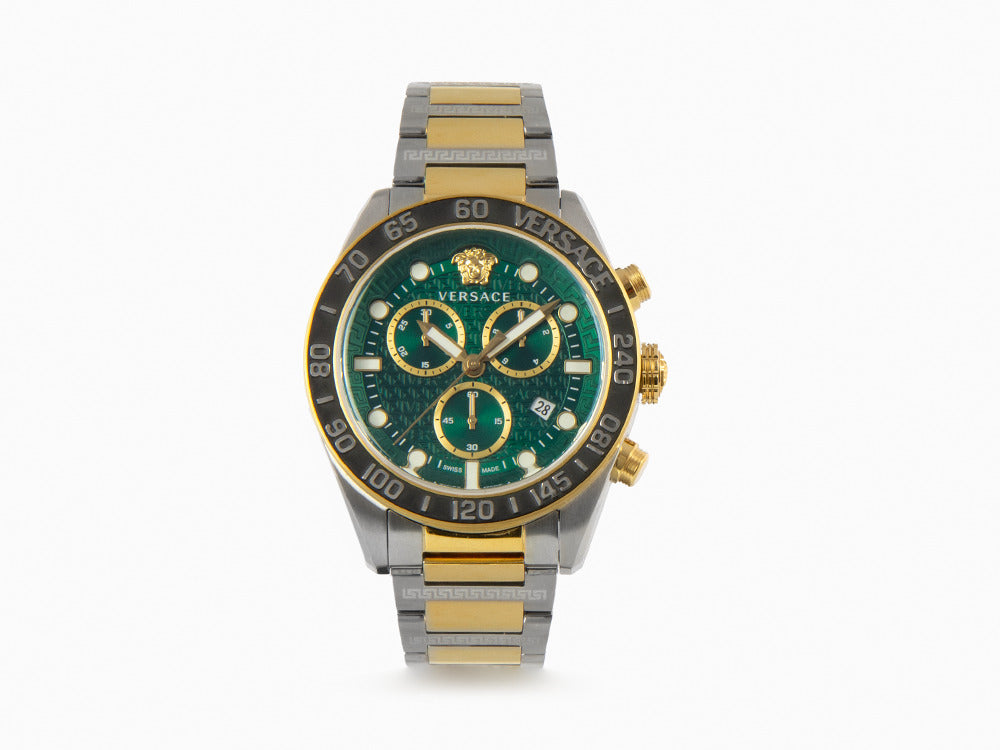 Versace Greca Dome Chrono Quartz Watch, PVD Gold, Green, 43 mm, VE6K00423