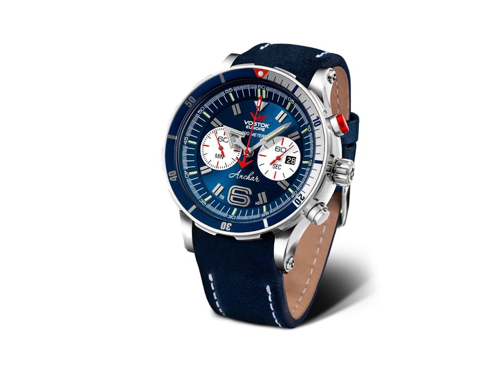 Vostok Europe Anchar Quartz Watch, Blue, 48.7 mm, Tritium, Chrono 6S21-510A583