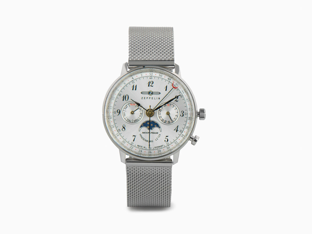 Zeppelin LZ 129 Hindenburg Moonphase Lady Quartz Watch, Silver, 36 mm, 7037M-1